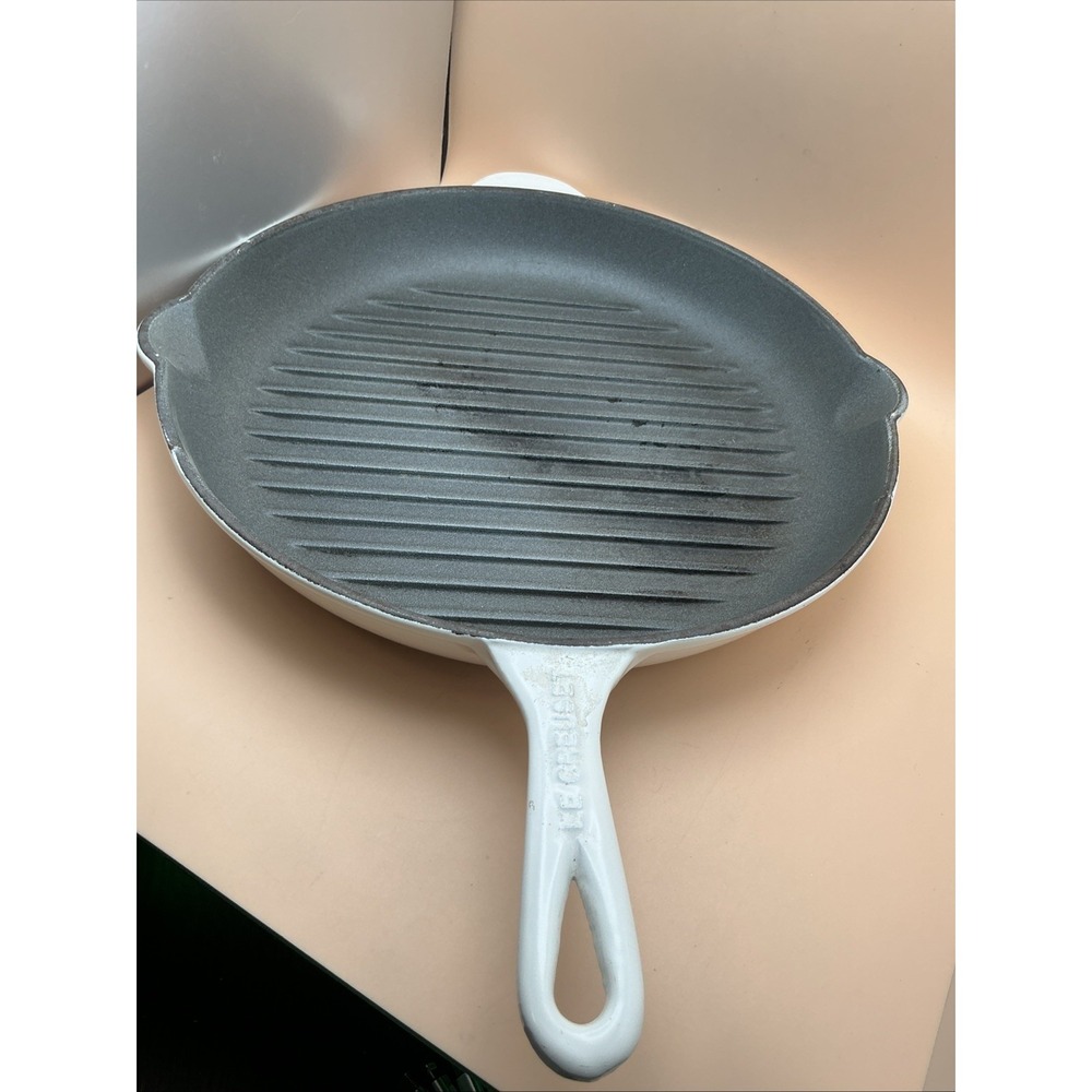 Vtg Le Creuset 30 Cast Iron Round Grill Pan Skillet 12" White Enamel Made France